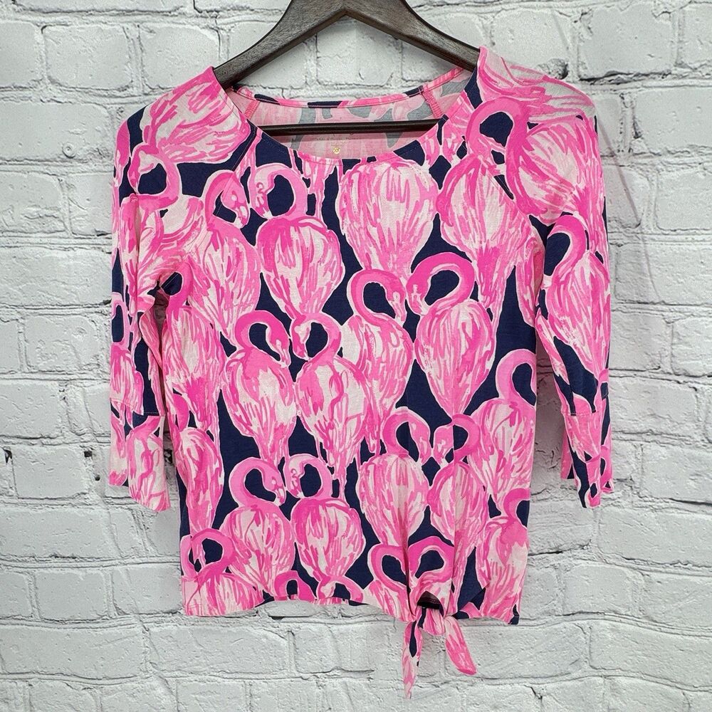 Lilly Pulitzer Top Women's XS Robyn Flamingo High Tide Front Tie Pink 3/4 Sleeve